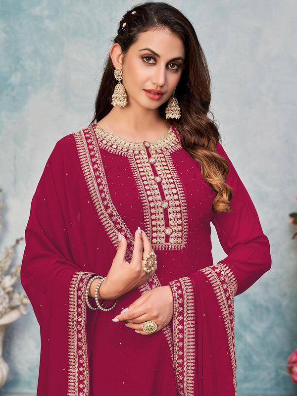 Women's Burgundy Faux Georgette Heavy Embroidery Kurta Set - Odette