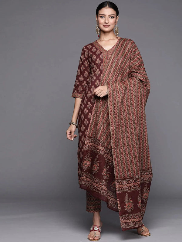 Burgundy Printed Cotton Straight Suit Set - Jashvi