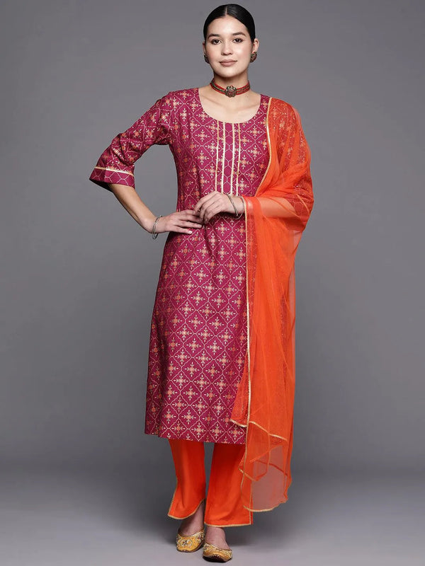 Burgundy Printed Rayon A-Line Suit Set With Trousers - Jashvi