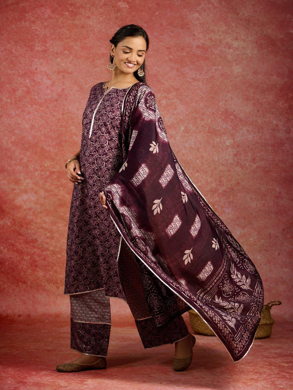 Burgundy Printed Silk Blend Straight Kurta With Palazzos & Dupatta - Jashvi