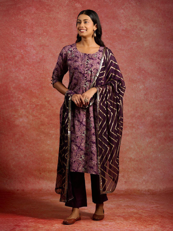 Burgundy Printed Silk Blend Straight Kurta With Trousers & Dupatta - Jashvi