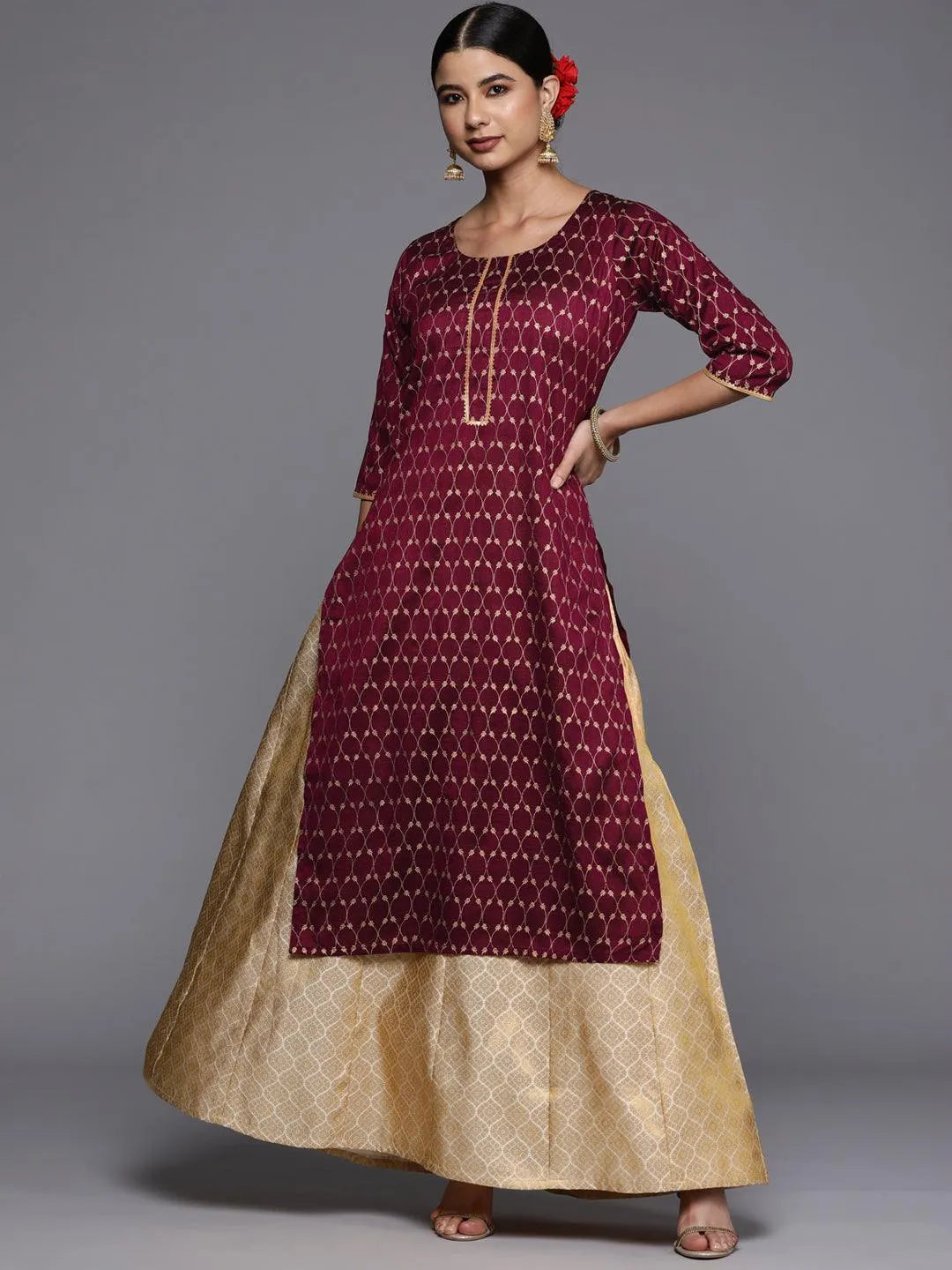 Burgundy Printed Silk Straight Kurta - Jashvi