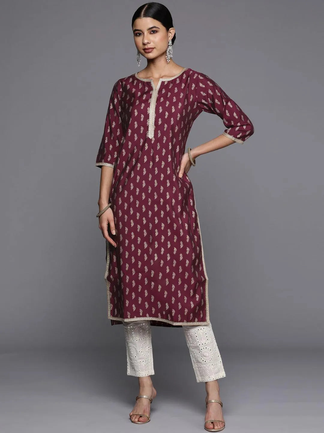 Burgundy Printed Silk Straight Kurta - Jashvi