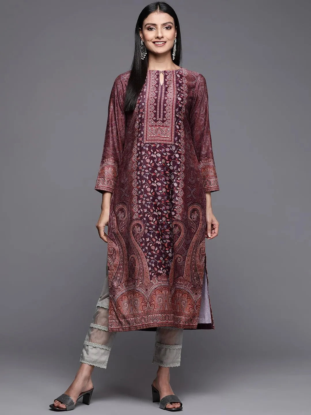 Burgundy Printed Velvet Straight Kurta - Jashvi