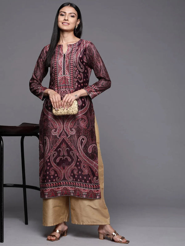 Burgundy Printed Velvet Straight Kurta - Jashvi