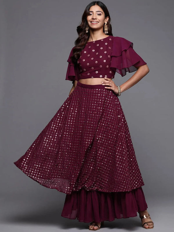 Burgundy Sequinned Georgette Lehenga Set - Jashvi