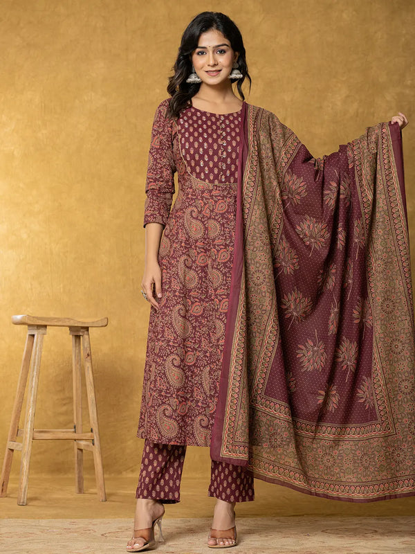 Burgundy Sequins_Work Cotton Anarkali Kurta Dupatta Set