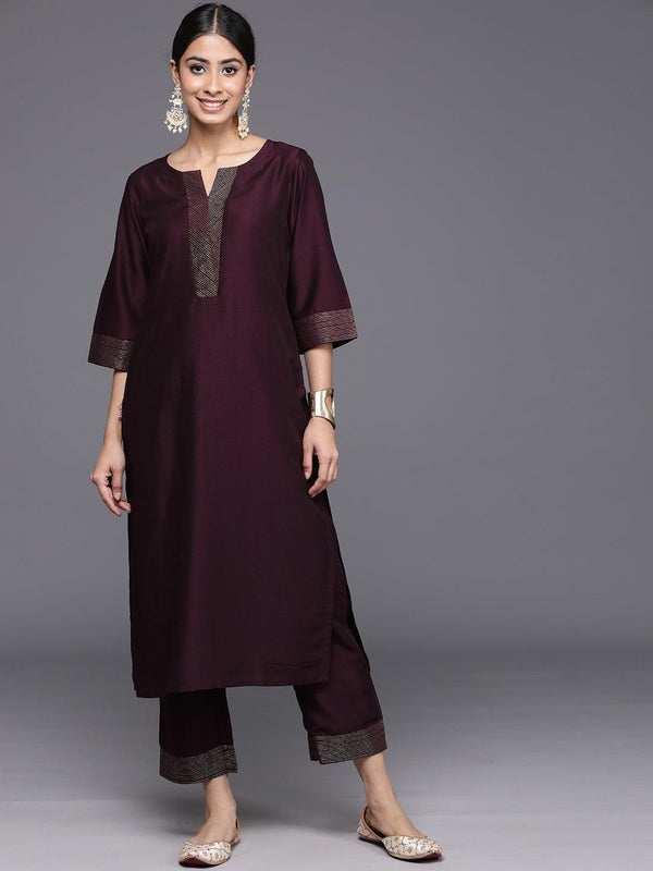 Burgundy Solid Silk Blend Straight Kurta With Trousers & Dupatta - Jashvi