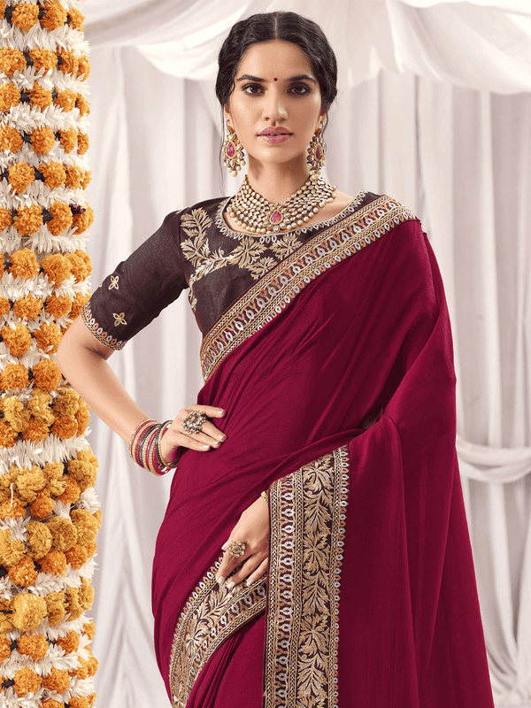 Women's Burgundy Vichitra Silk Wevon Designer Saree - Odette