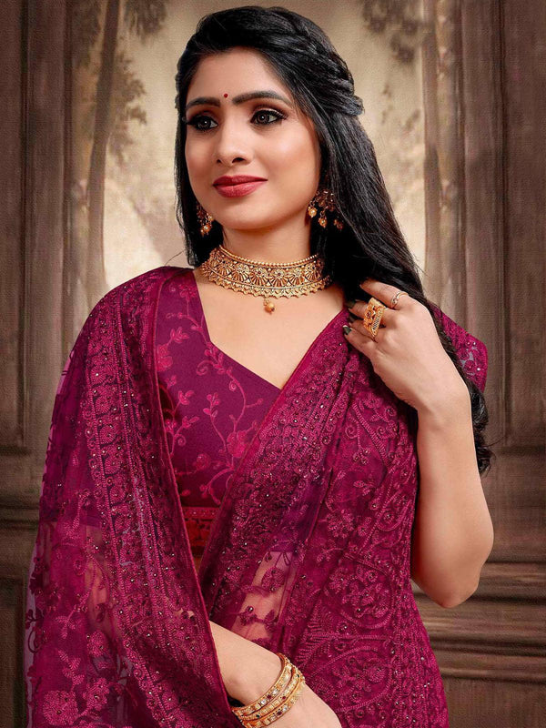 Women's Burgundy Heavy Embroidered Net  Saree - Odette