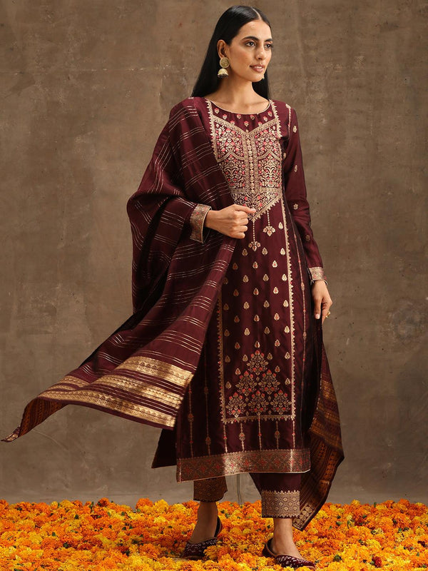 Burgundy Woven Design Silk Blend Straight Suit Set With Trousers - Jashvi