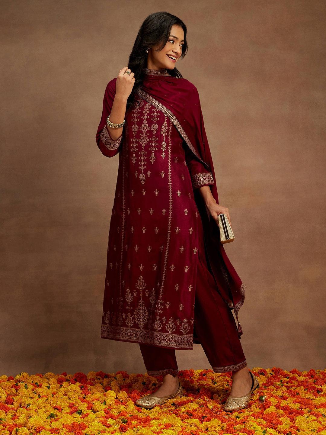 Burgundy Woven Design Silk Blend Straight Kurta With Trousers & Dupatta - Jashvi