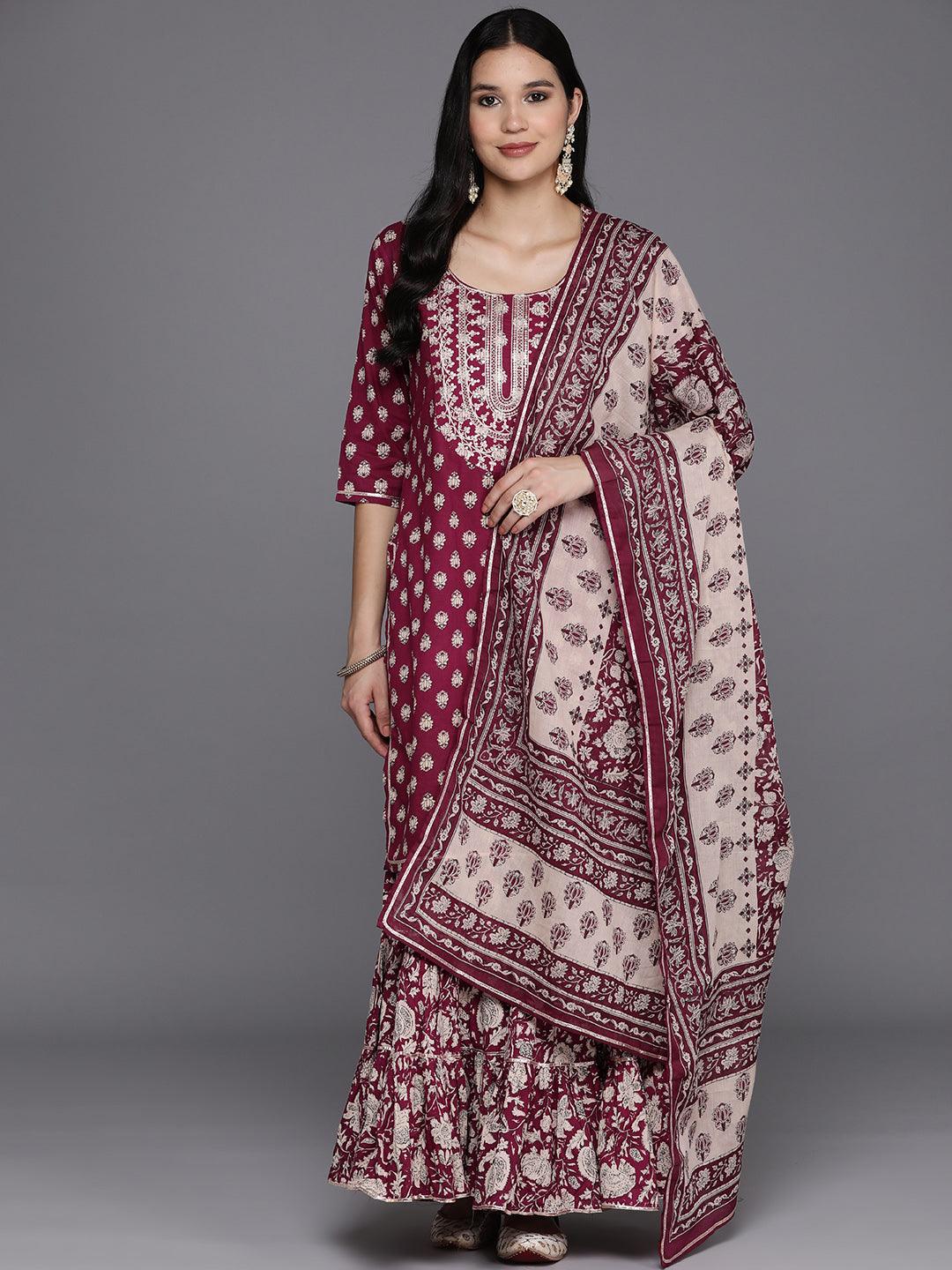 Burgundy Yoke Design Cotton Straight Suit Set With Sharara - Jashvi