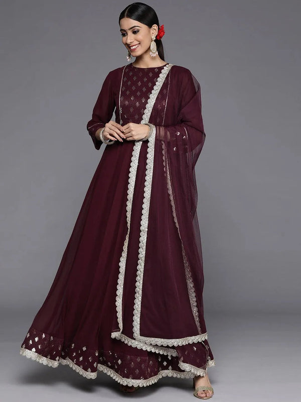 Burgundy Yoke Design Georgette Anarkali Suit Set With Churidar - Jashvi