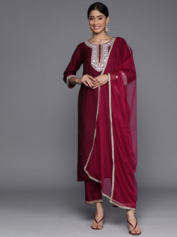 Burgundy Yoke Design Silk Blend Suit Set With Trousers - Jashvi