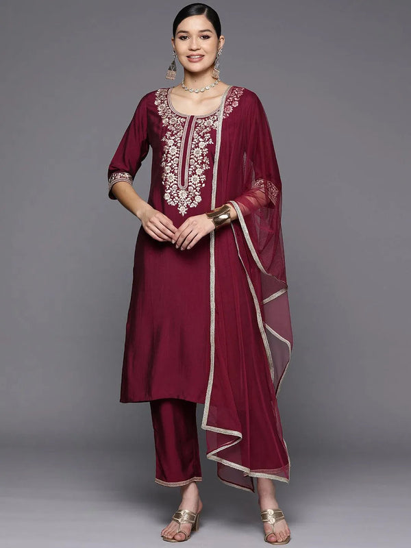 Burgundy Yoke Design Silk Blend Straight Suit Set With Trousers - Jashvi