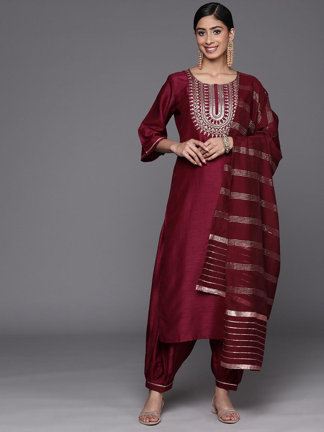 Burgundy Yoke Design Silk Blend Straight Suit Set With Salwar - Jashvi