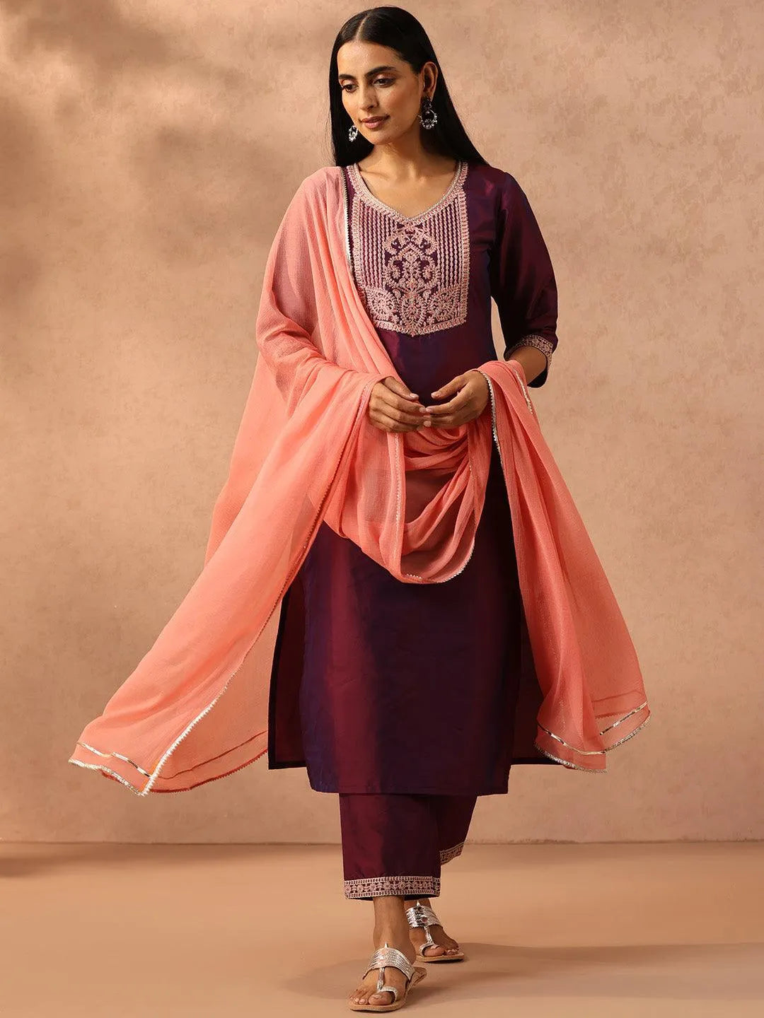 Burgundy Yoke Design Silk Blend Suit Set With Trousers - Jashvi