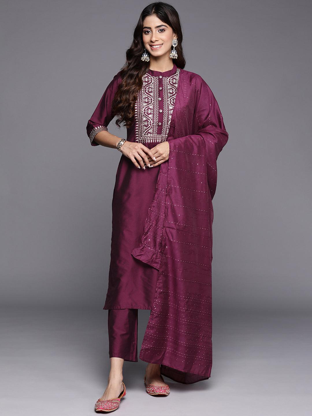 Burgundy Yoke Design Silk Blend Straight Kurta With Trousers & Dupatta - Jashvi