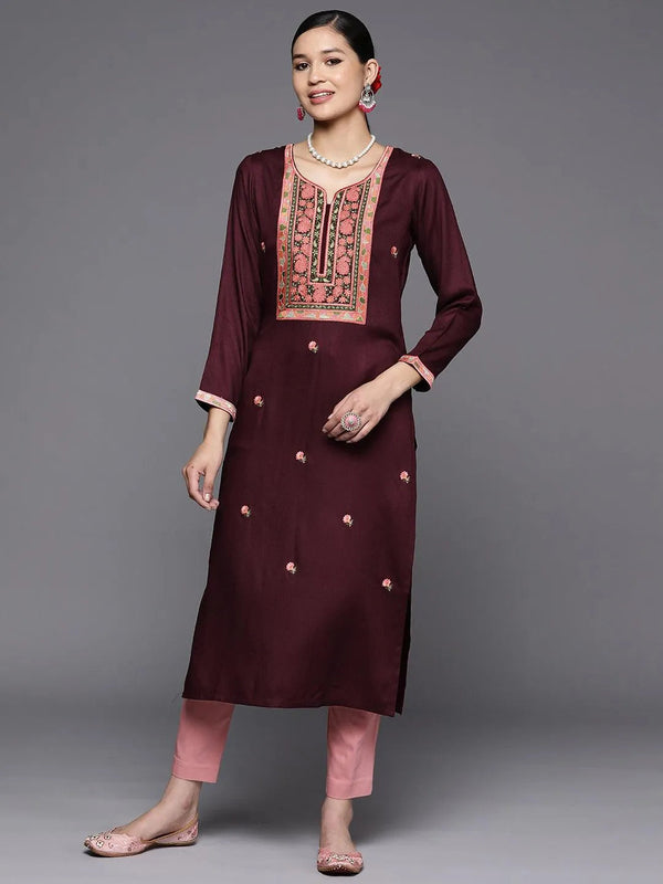 Burgundy Yoke Design Wool Straight Kurta - Jashvi