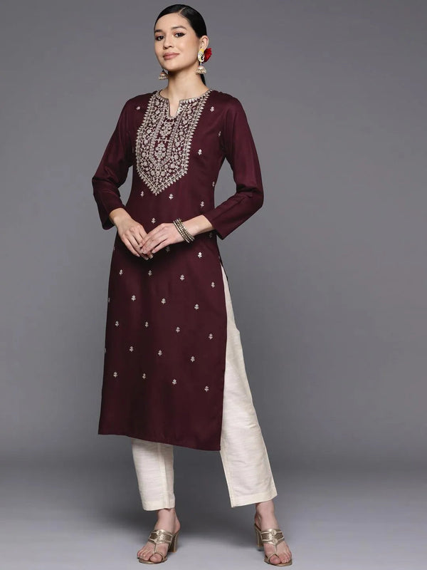 Burgundy Yoke Design Wool Straight Kurta - Jashvi