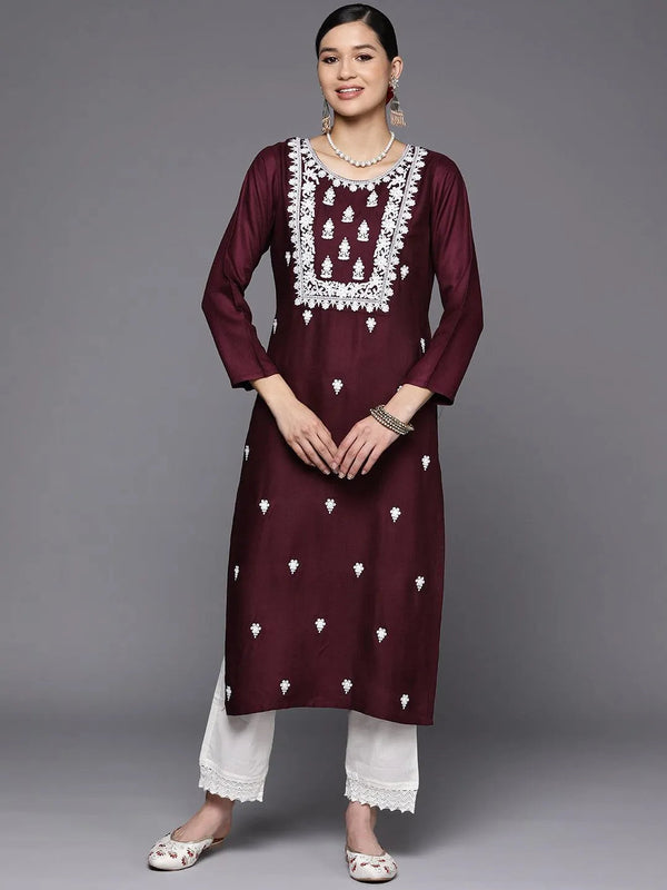 Burgundy Yoke Design Wool Straight Kurta - Jashvi