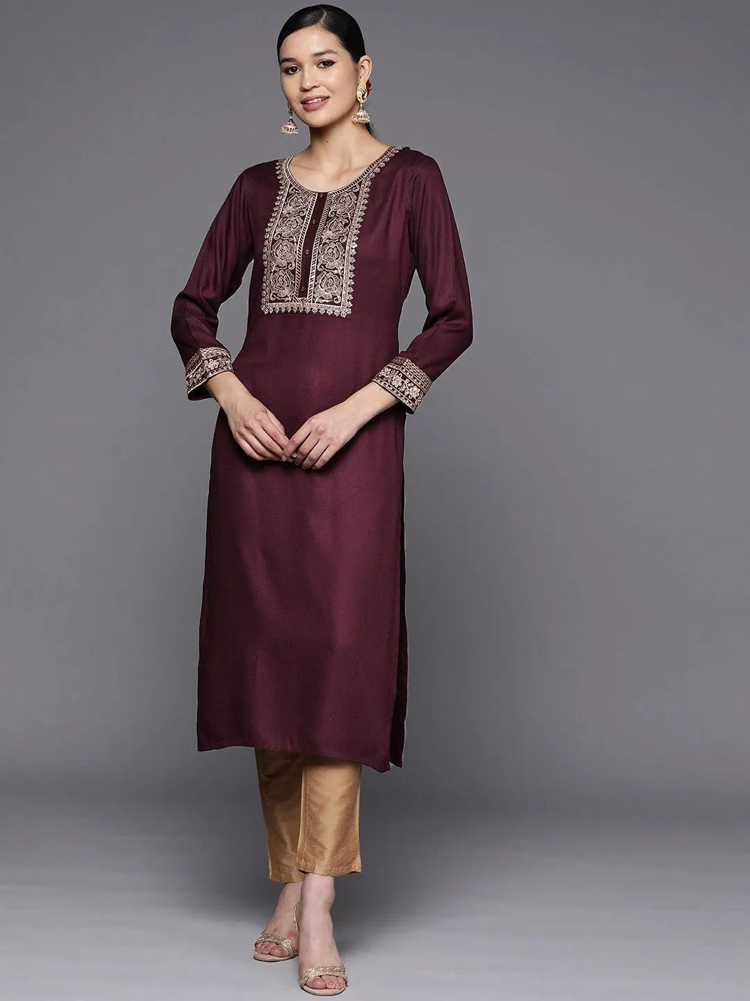 Burgundy Yoke Design Wool Straight Kurta - Jashvi