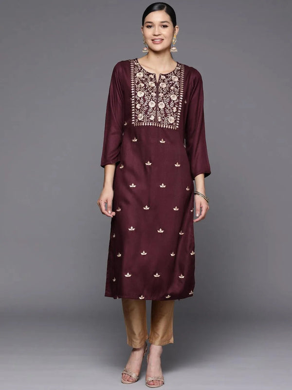 Burgundy Yoke Design Wool Straight Kurta - Jashvi