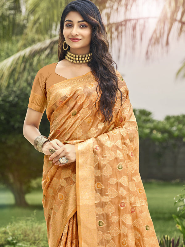 Women's Orange Organza Saree With Un Stitched Blouse - Aanika