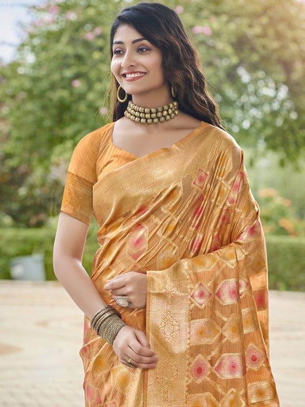 Women's Orange Organza Saree With Un Stitched Blouse - Aanika