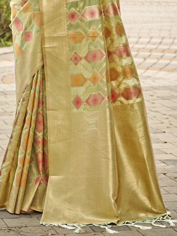 Women's Olive Green Organza Saree With Un Stitched Blouse - Aanika