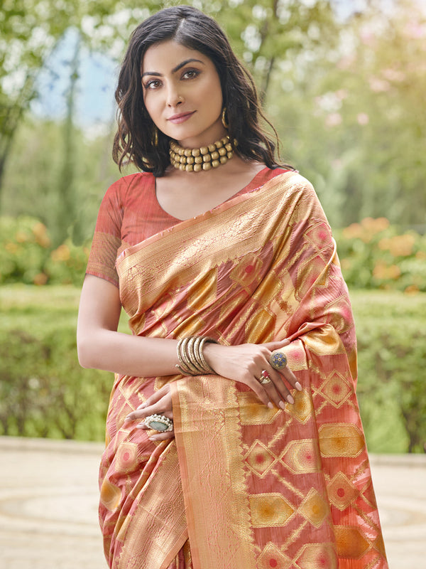 Women's Pink Organza Saree With Un Stitched Blouse - Aanika