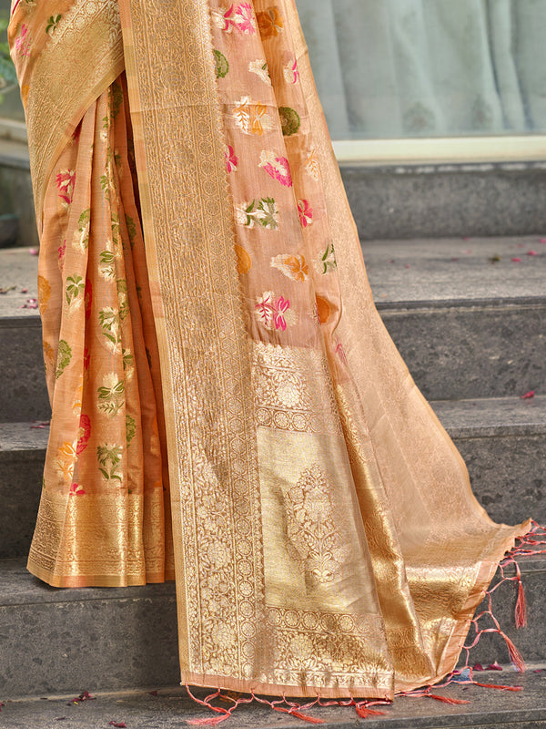 Women's Orange Organza Saree With Un Stitched Blouse - Aanika