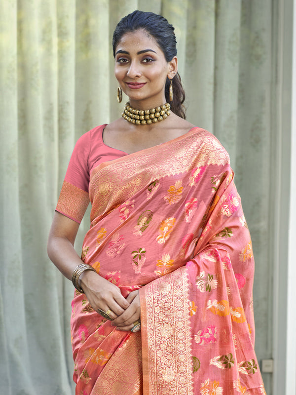 Women's Pink Organza Saree With Un Stitched Blouse - Aanika