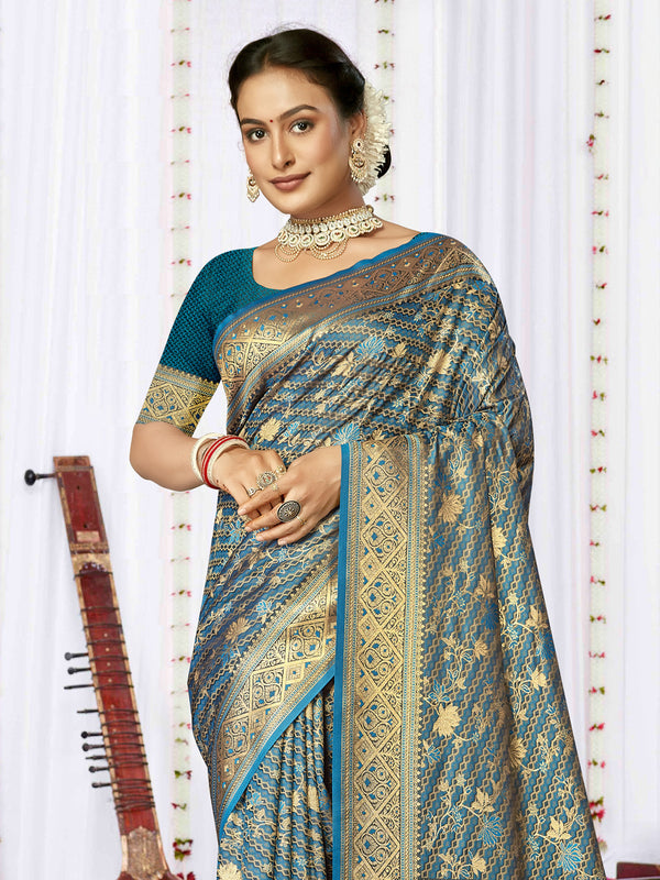 Women's Rama Satin Silk Saree With Un Stitched Blouse - Aanika