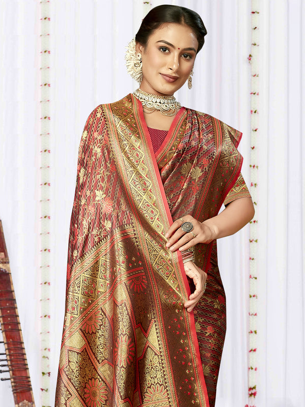 Women's Red Satin Silk Saree With Un Stitched Blouse - Aanika