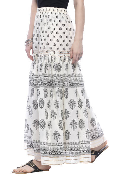 Women's Cotton Block Print With Lace Work Off White Palazzo Mfp011 - Moeza