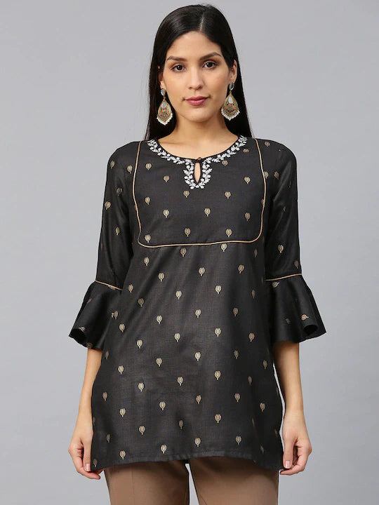 Jashvi Black & Golden Printed Pure Cotton Straight Tunic