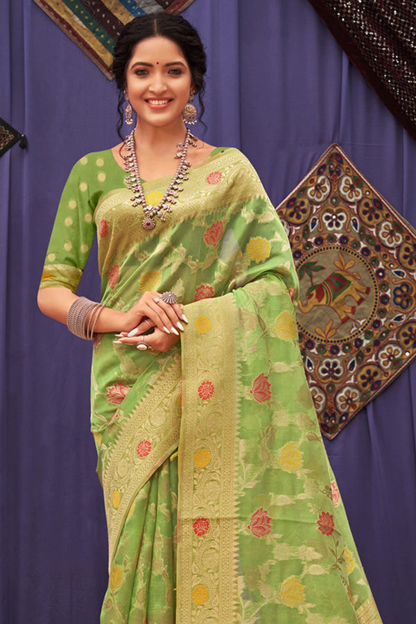 Women's Light Green Organza Woven Zari Work Traditional Tassle Saree - Sangam Prints