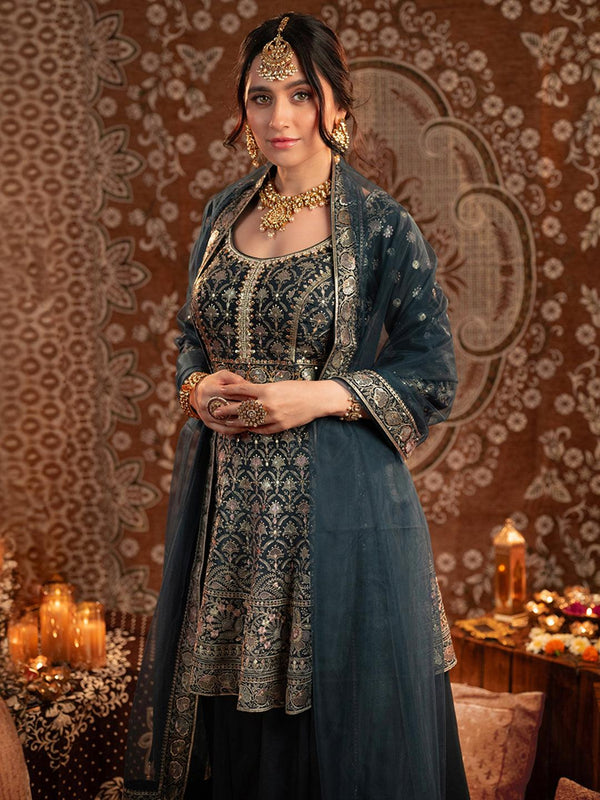 Jashvi Blue Embroidered Silk Anarkali Suit Set With Palazzos