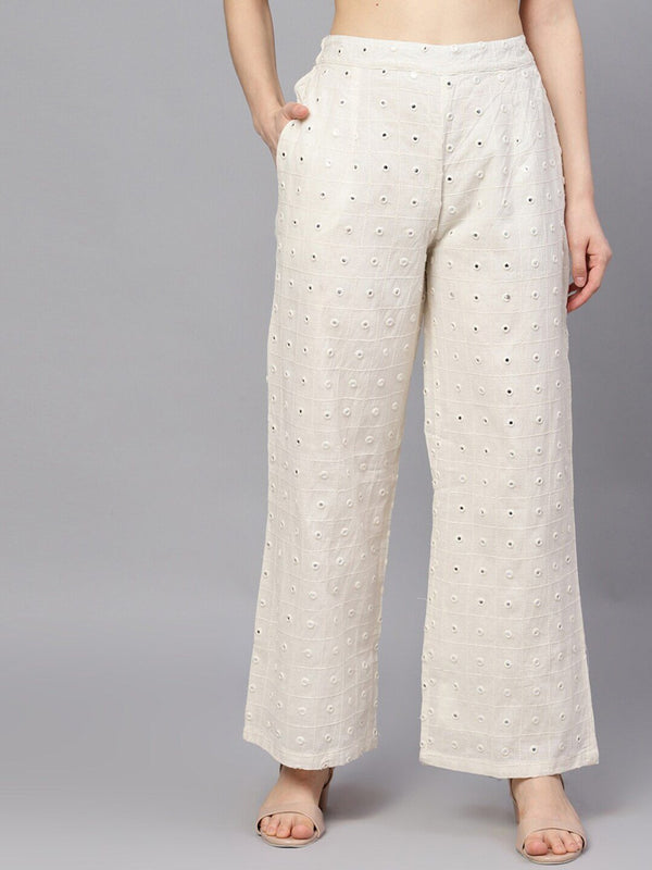 Women's  Off-White Embroidered Flared Palazzos - AKS