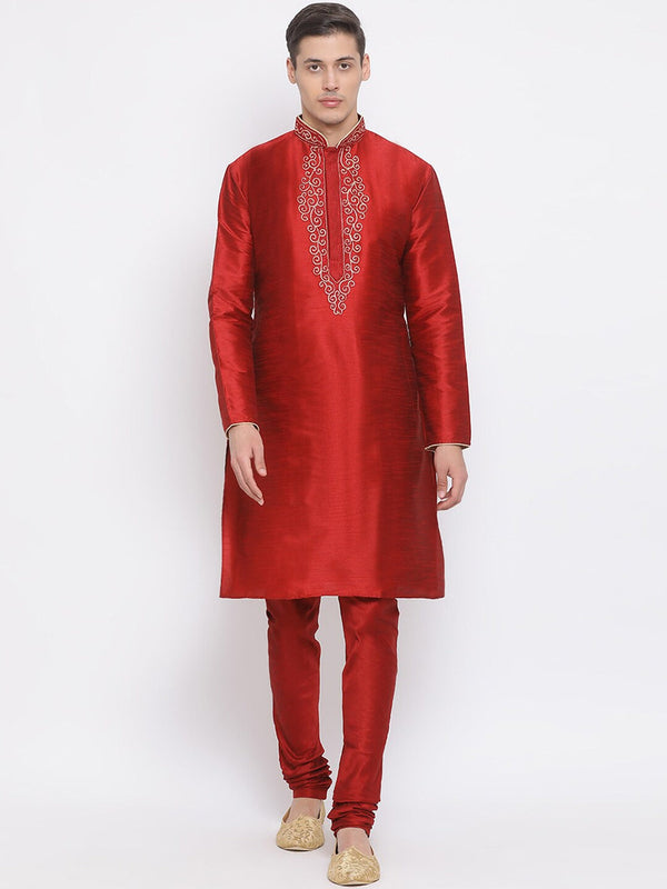 Jashvi  Men's Maroon Solid Kurta With Pyjama Set