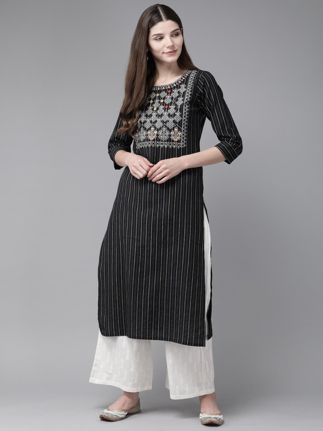 Women's Black & White Striped Kurta - Yufta