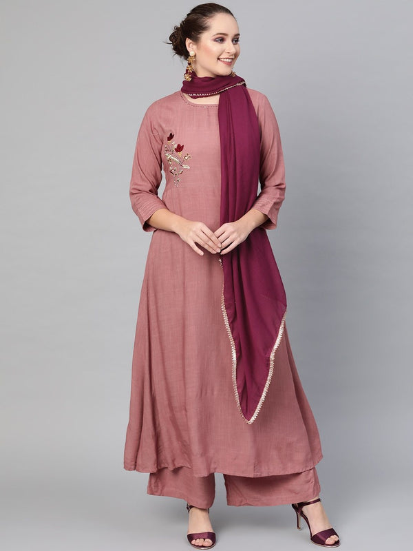 Women's  Mauve & Purple Embroidered Detail Kurta with Palazzos & Dupatta - AKS