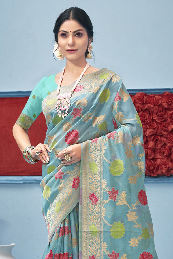 Women's Sky Blue Organza Woven Zari Work Traditional Tassle Saree - Sangam Prints