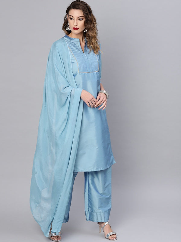 Women's  Blue Solid Kurta with Palazzos & Dupatta - AKS