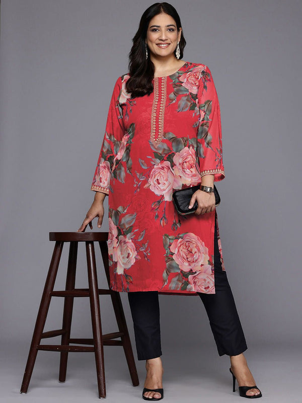 Plus Size Floral Printed Round Neck Straight Kurta