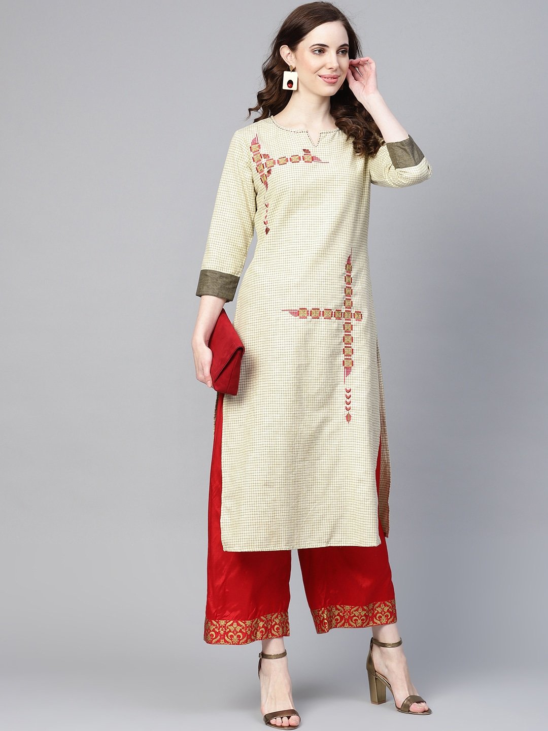 Women's Beige & Black Straight Kurta - Yufta