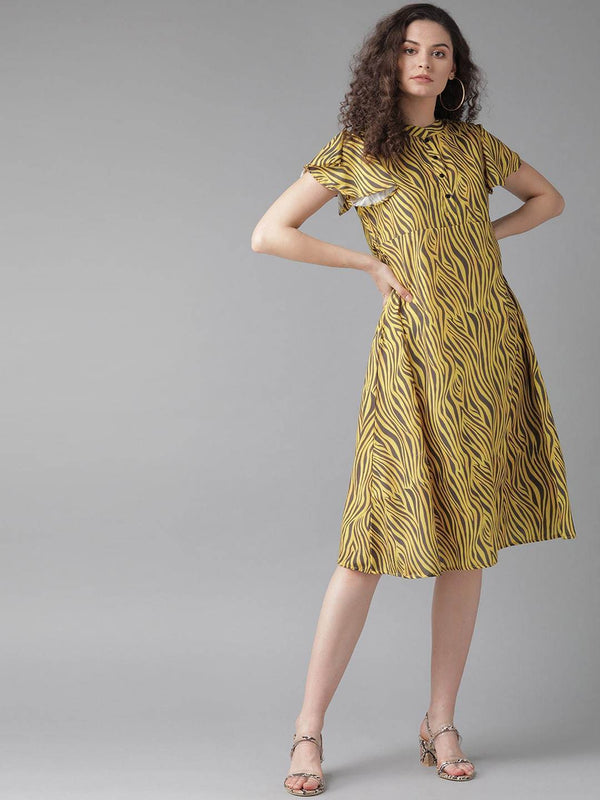 Women's  Yellow Printed A-Line Dress - AKS