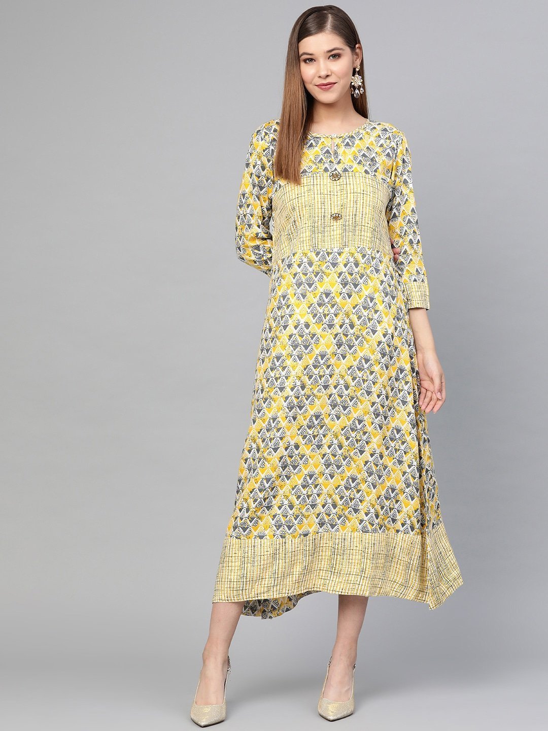 Women's Yellow & Beige Printed Dress - Yufta